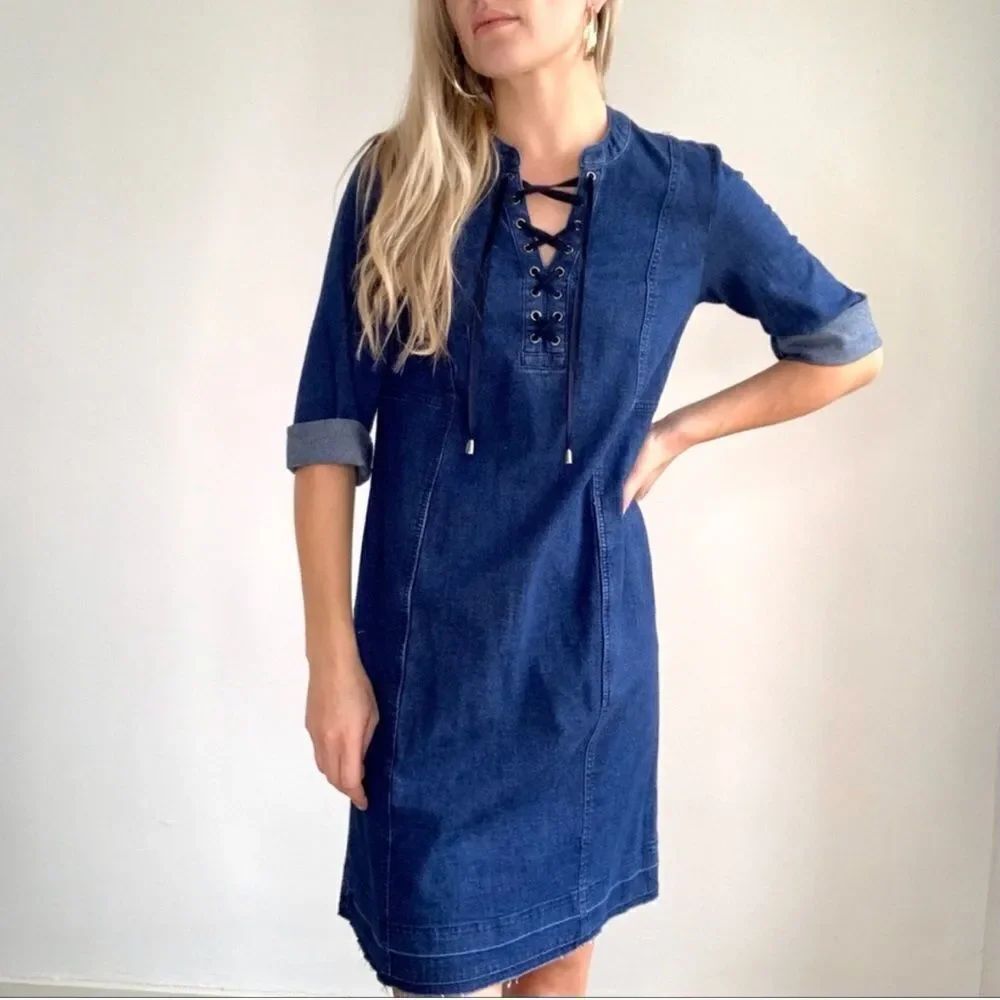 J. Jill Denim Tunic Dress – Lace-Up Neck, Raw Hem, 3/4 Sleeves, Size XS
